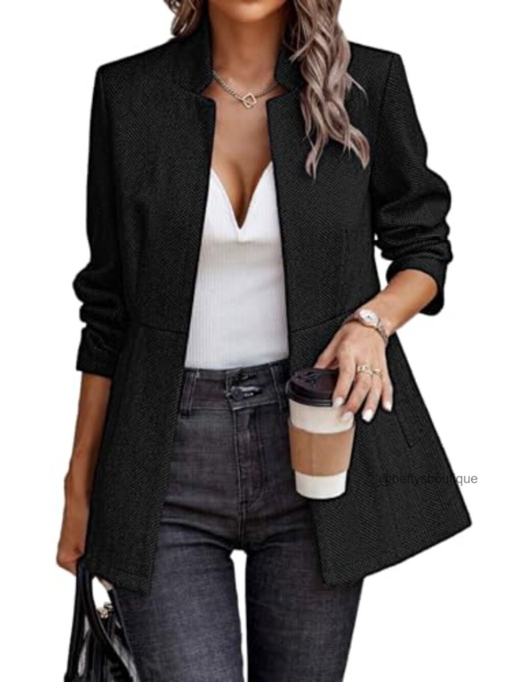 Women's Open Front Herringbone Blazer Business Casual Long Sleeve Work Jacket
